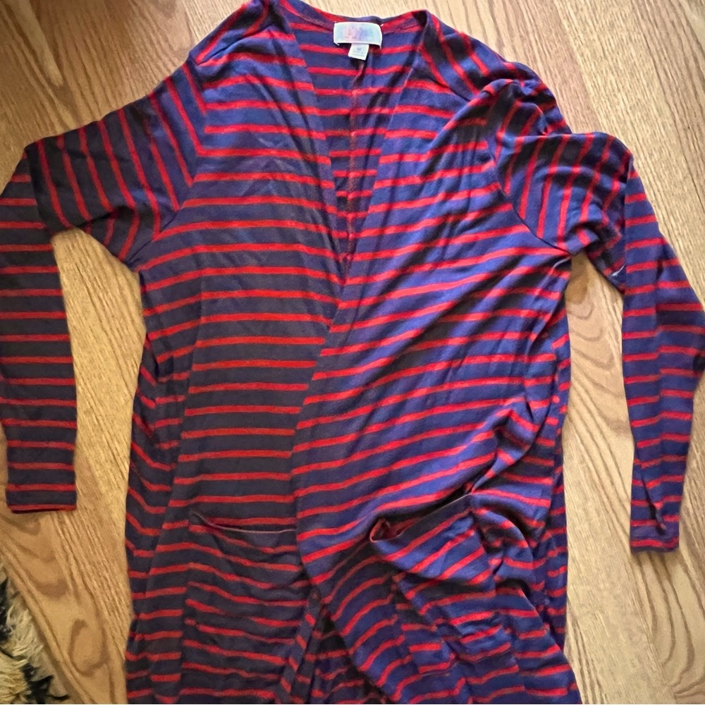 LuLaRoe Sarah Knit Duster Cardigan Size M Blue Red Stripe